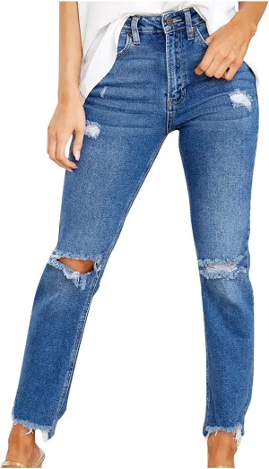 SMIDOW Women Drawstring Elastic Waist Ripped Jeans Folded Hem Distressed Jeans Tapered Jeans Bootcut Stretch Denim Pants