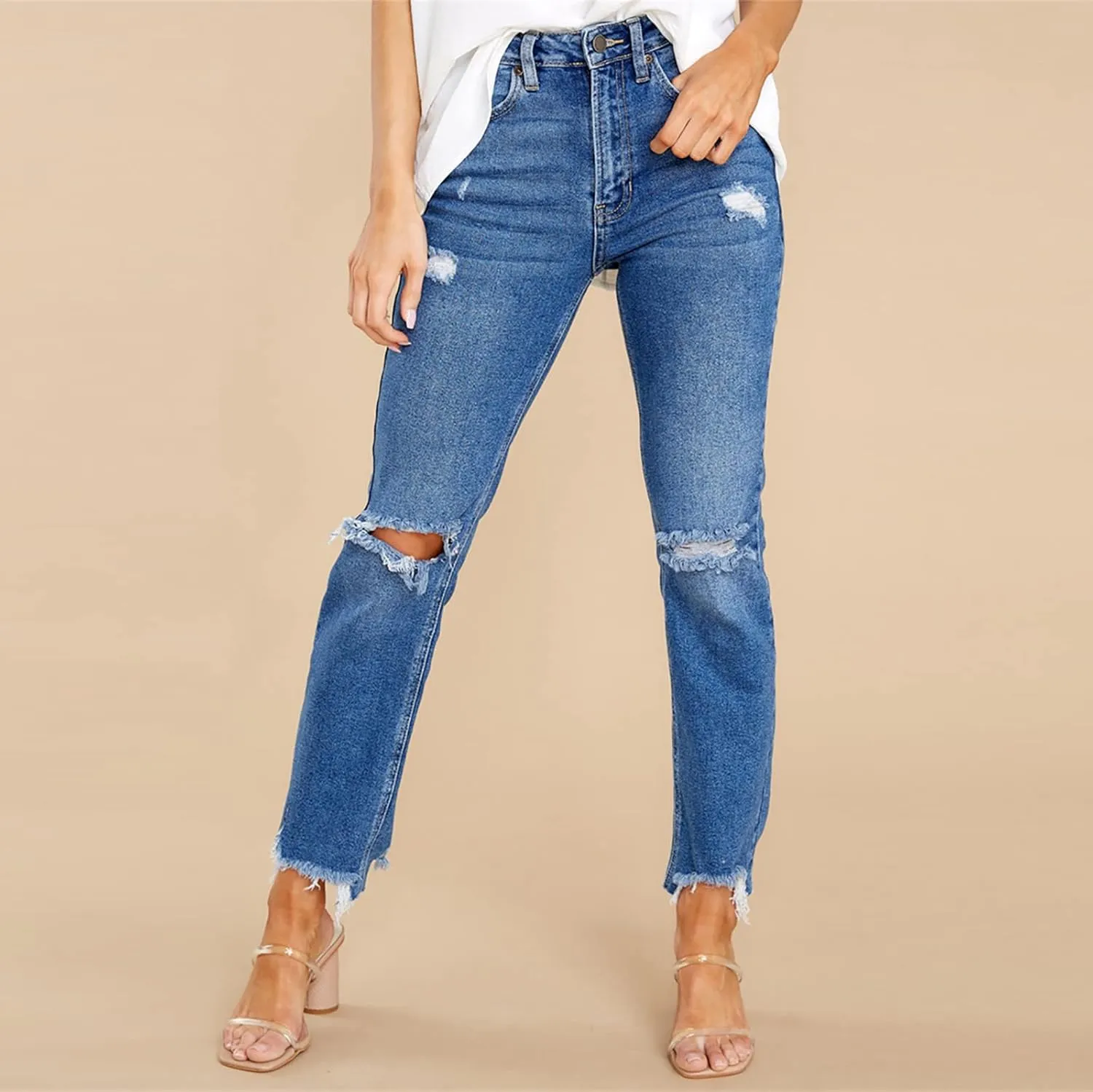 SMIDOW Women Drawstring Elastic Waist Ripped Jeans Folded Hem Distressed Jeans Tapered Jeans Bootcut Stretch Denim Pants