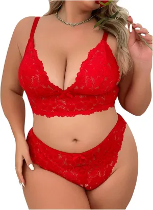 SOLY HUX Women's Plus Size Lace Sexy Lingerie Set Deep V Push Up Bra and Panty Underwear 2 Piece