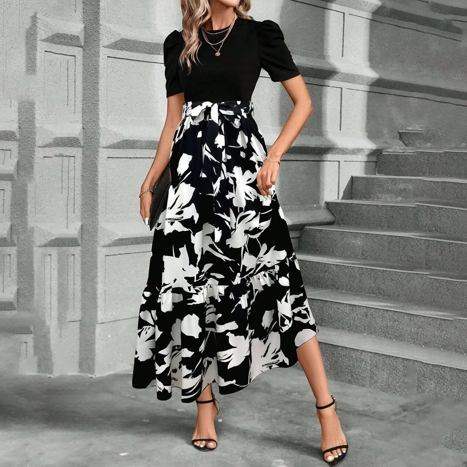 Spring Dresses for Women 2025,Wedding Guest Summer Wrap Dress for Women Patchwork Womens Easter Dresses Formal