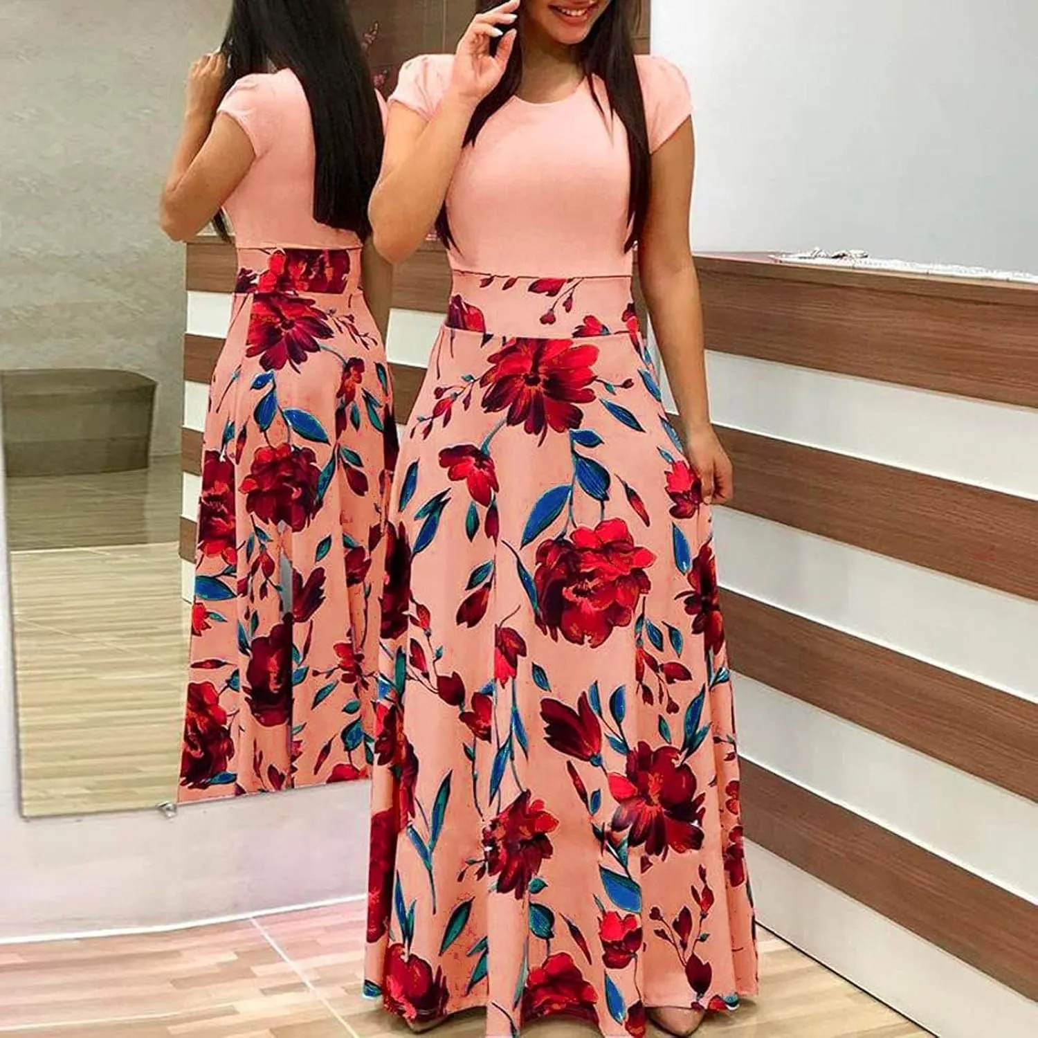Spring Dresses for Women Long Sleeve Floral Print Elegant Wedding Holiday Party Splice Large Swing Summer Maxi Dress