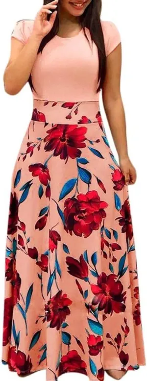 Spring Dresses for Women Long Sleeve Floral Print Elegant Wedding Holiday Party Splice Large Swing Summer Maxi Dress