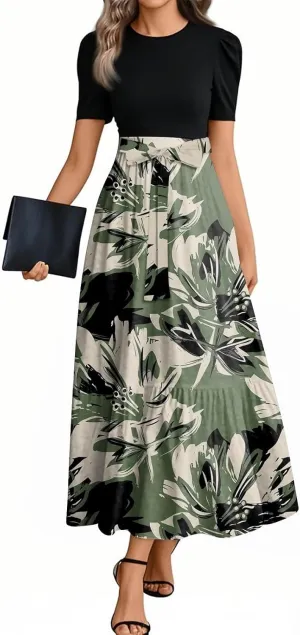 Spring/Summer Dresses for Women 2025- Floral Print Wrap Short Sleeve Maxi Dress Patchwork Ruffle Hem A Line Dress