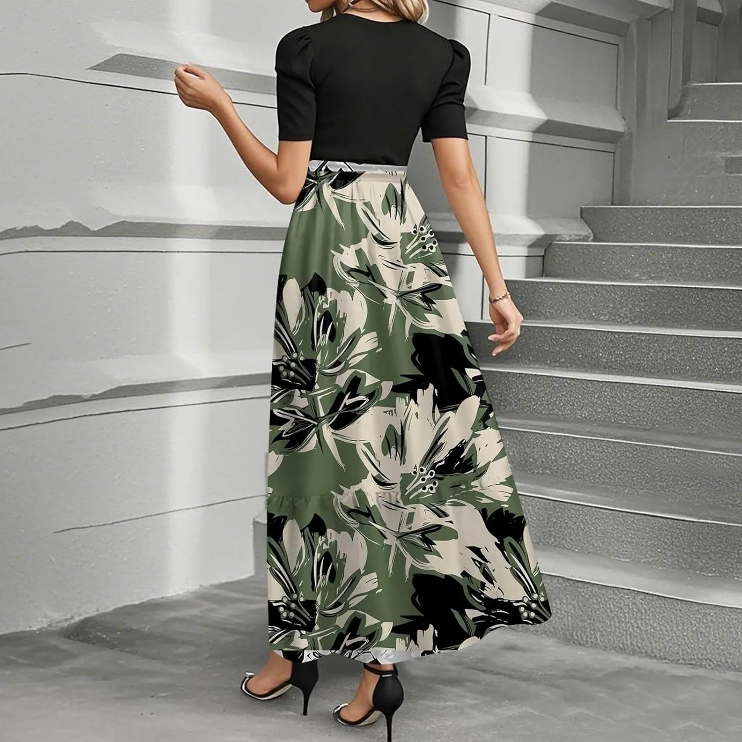 Spring/Summer Dresses for Women 2025- Floral Print Wrap Short Sleeve Maxi Dress Patchwork Ruffle Hem A Line Dress