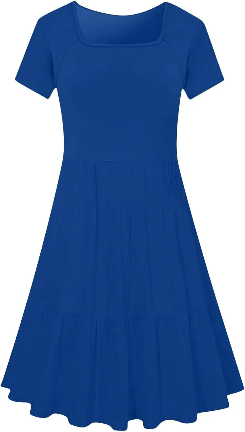 Square Neck Short Sleeve Dress Tie Women Casual Shift Pleated Summer Dress Pocket