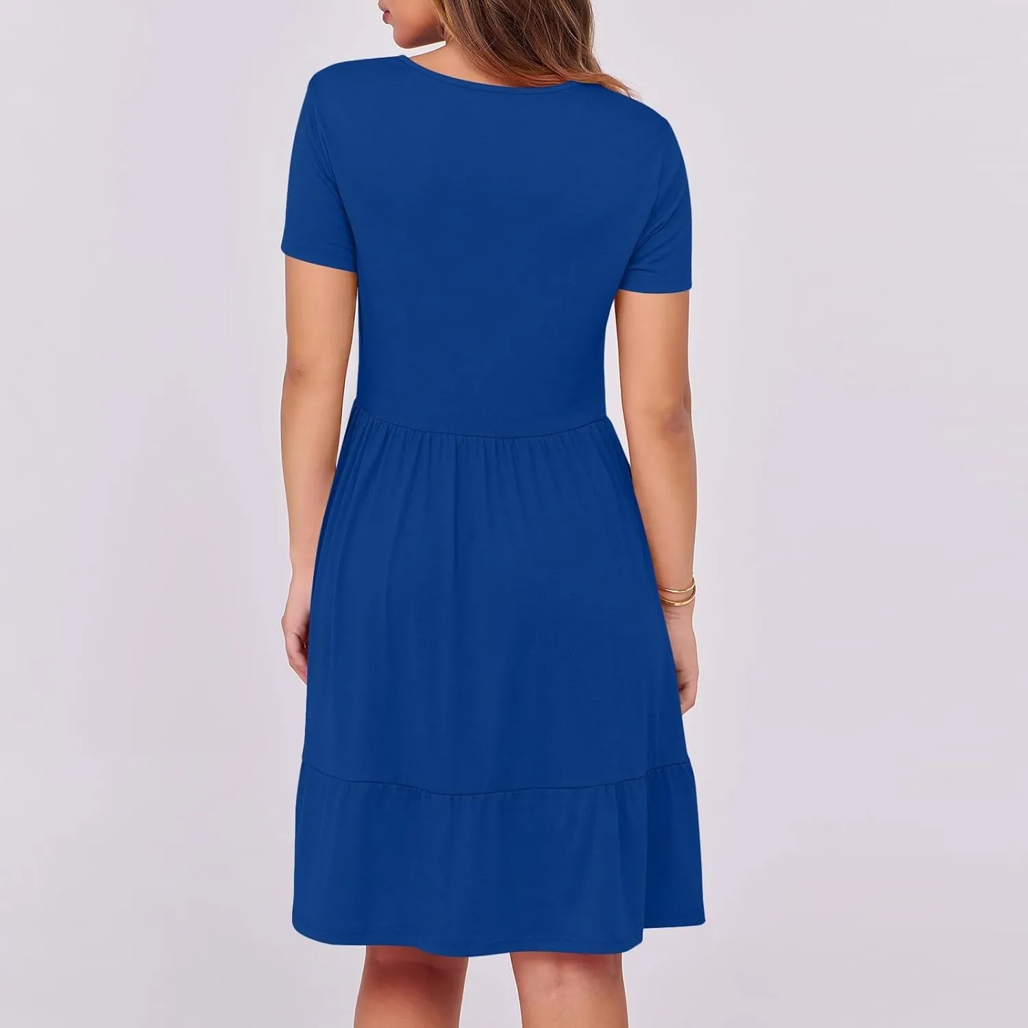 Square Neck Short Sleeve Dress Tie Women Casual Shift Pleated Summer Dress Pocket