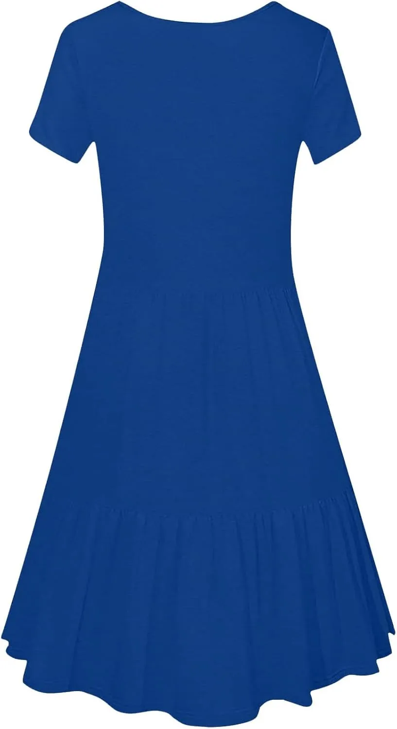 Square Neck Short Sleeve Dress Tie Women Casual Shift Pleated Summer Dress Pocket