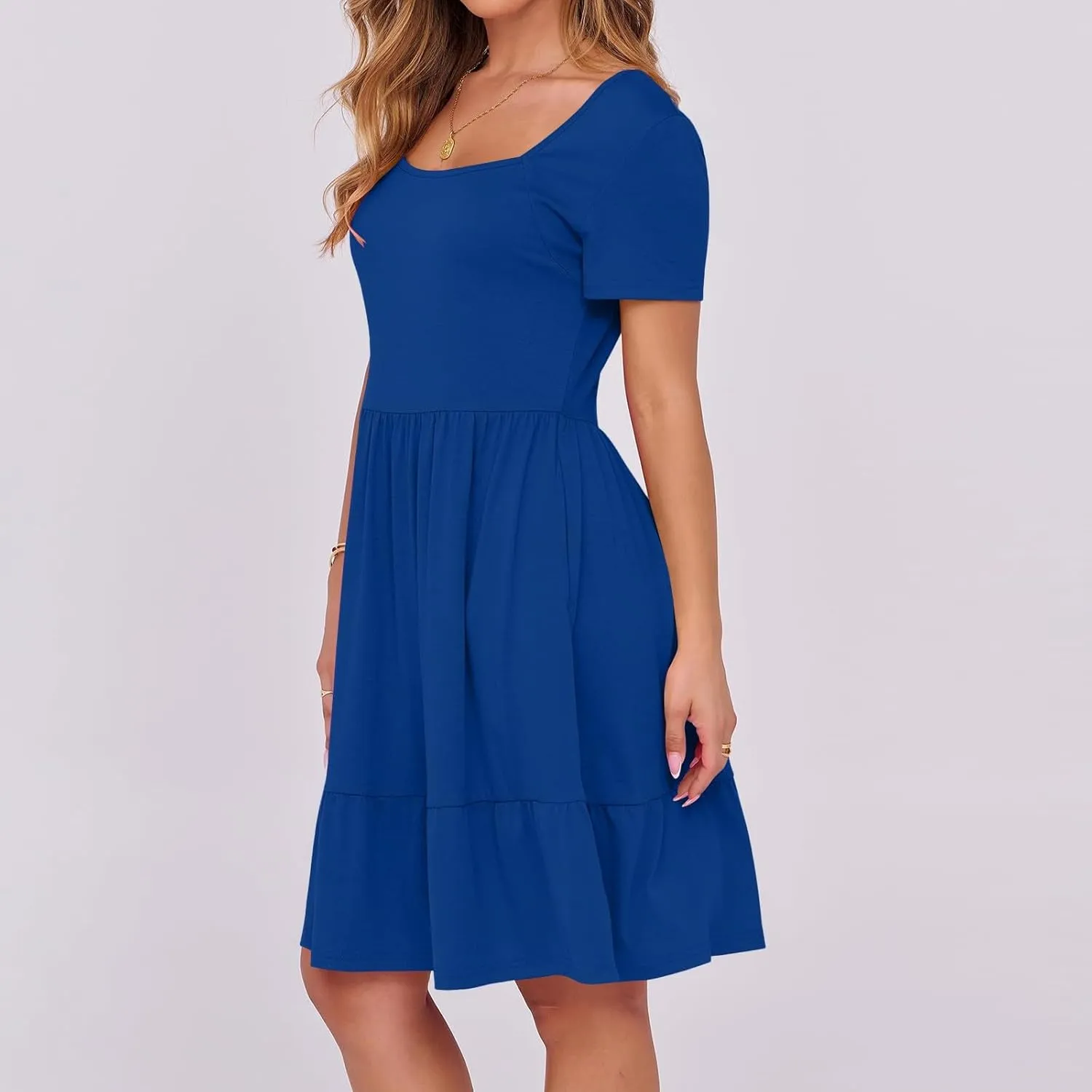Square Neck Short Sleeve Dress Tie Women Casual Shift Pleated Summer Dress Pocket