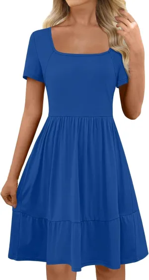 Square Neck Short Sleeve Dress Tie Women Casual Shift Pleated Summer Dress Pocket