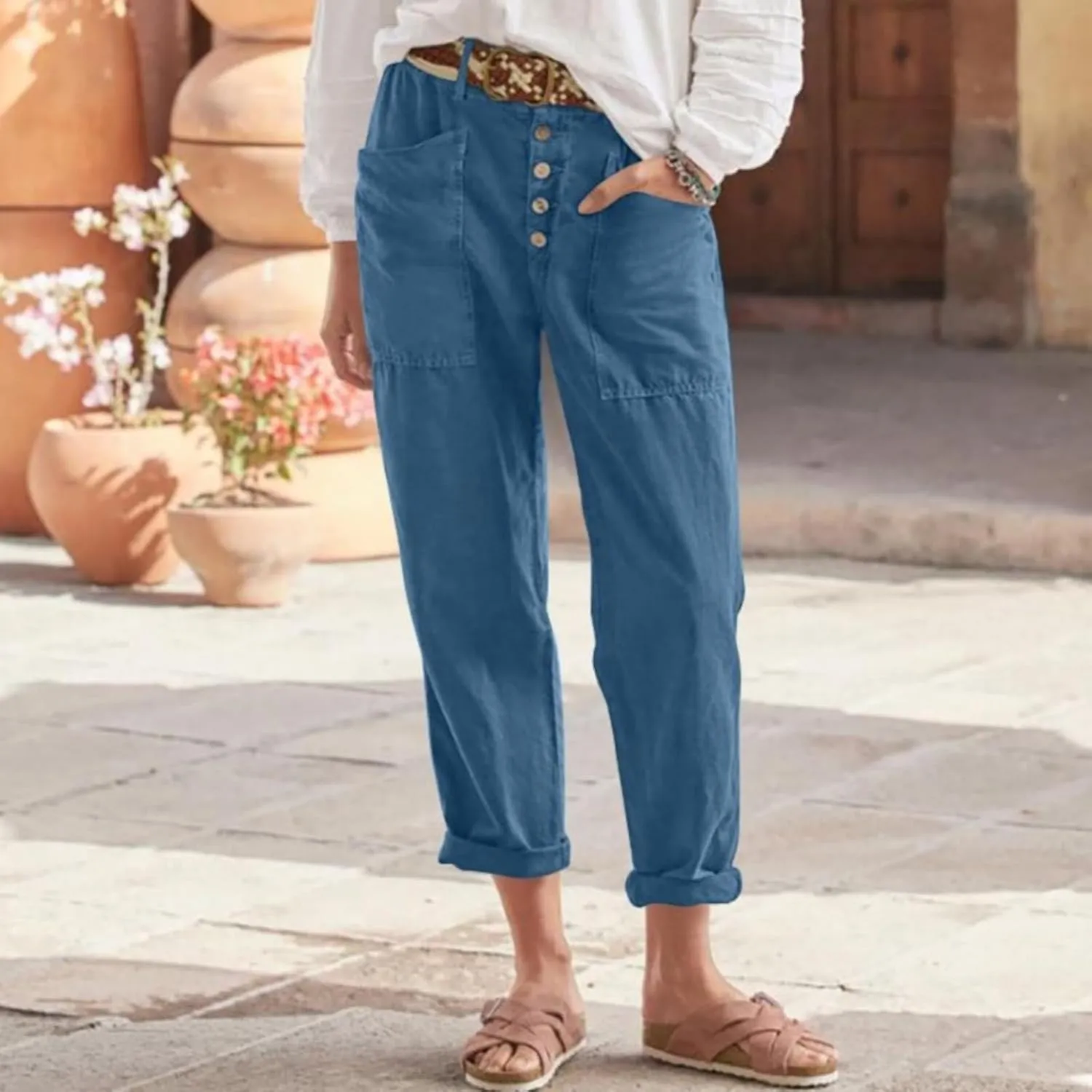 Straight Leg Lightweight Solid Trousers for Women High Waisted Button Down Linen Pants with Pockets