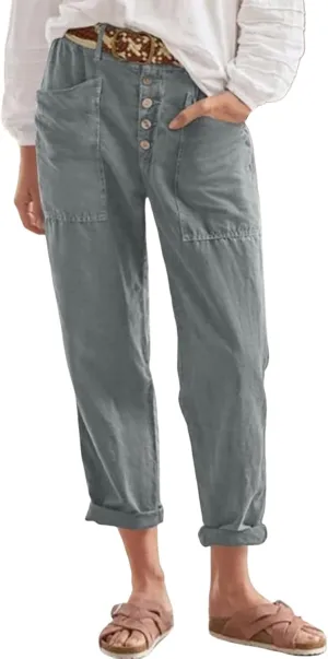 Straight Leg Lightweight Solid Trousers for Women High Waisted Button Down Linen Pants with Pockets
