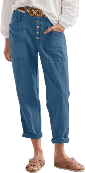 Straight Leg Lightweight Solid Trousers for Women High Waisted Button Down Linen Pants with Pockets