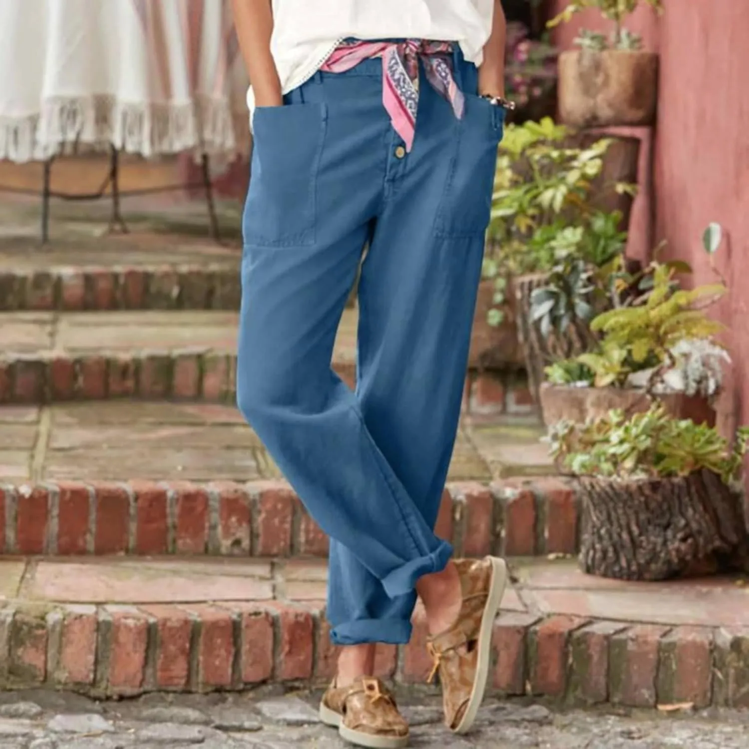Straight Leg Lightweight Solid Trousers for Women High Waisted Button Down Linen Pants with Pockets
