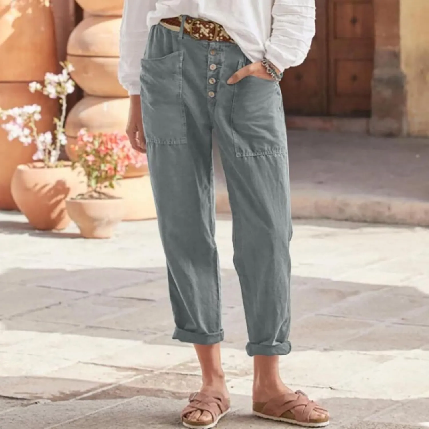 Straight Leg Lightweight Solid Trousers for Women High Waisted Button Down Linen Pants with Pockets