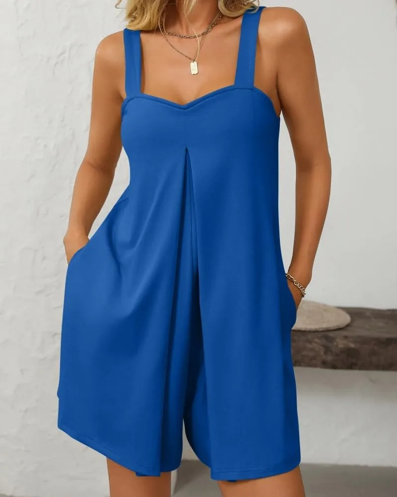 Sulozom Rompers for Women Casual Summer Sleeveless Straples Sweetheart Neck Overalls Shorts Jumpsuits with Pockets
