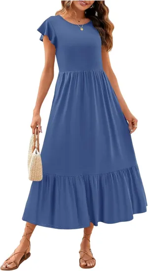 Summer Casual Dress for Women Crew Neck Short Sleeve Dress Smocked Flowy Tiered Midi Dress A-Line Boho Sun Dresses