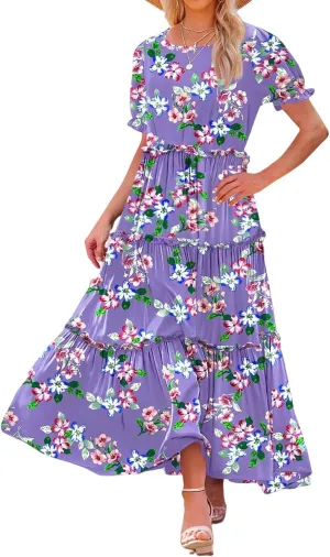 Summer Casual Dresses for Women Boho Floral Puff Sleeve Dress Loose Beach Long Sundress Tiered A-Line Flowy Dress