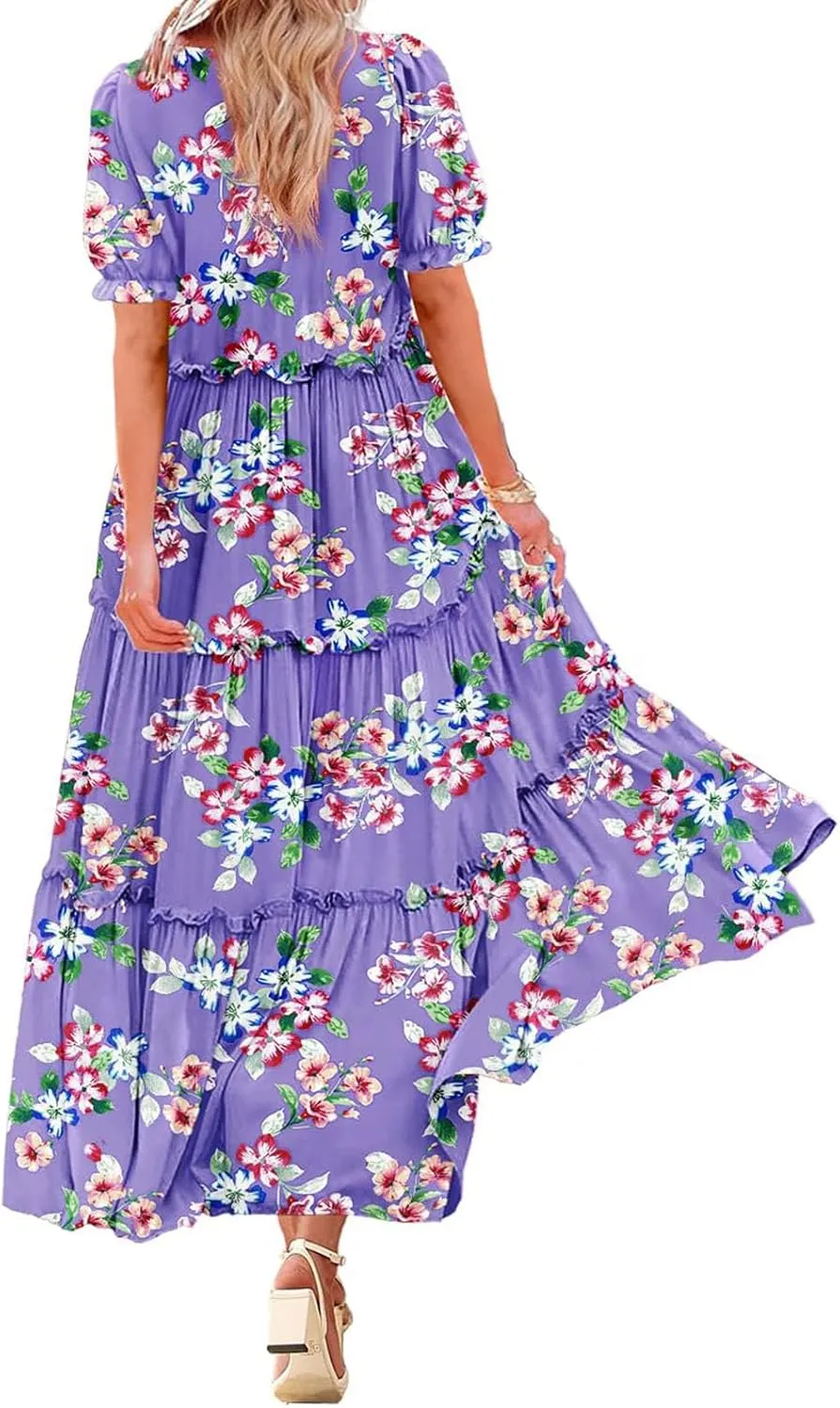 Summer Casual Dresses for Women Boho Floral Puff Sleeve Dress Loose Beach Long Sundress Tiered A-Line Flowy Dress