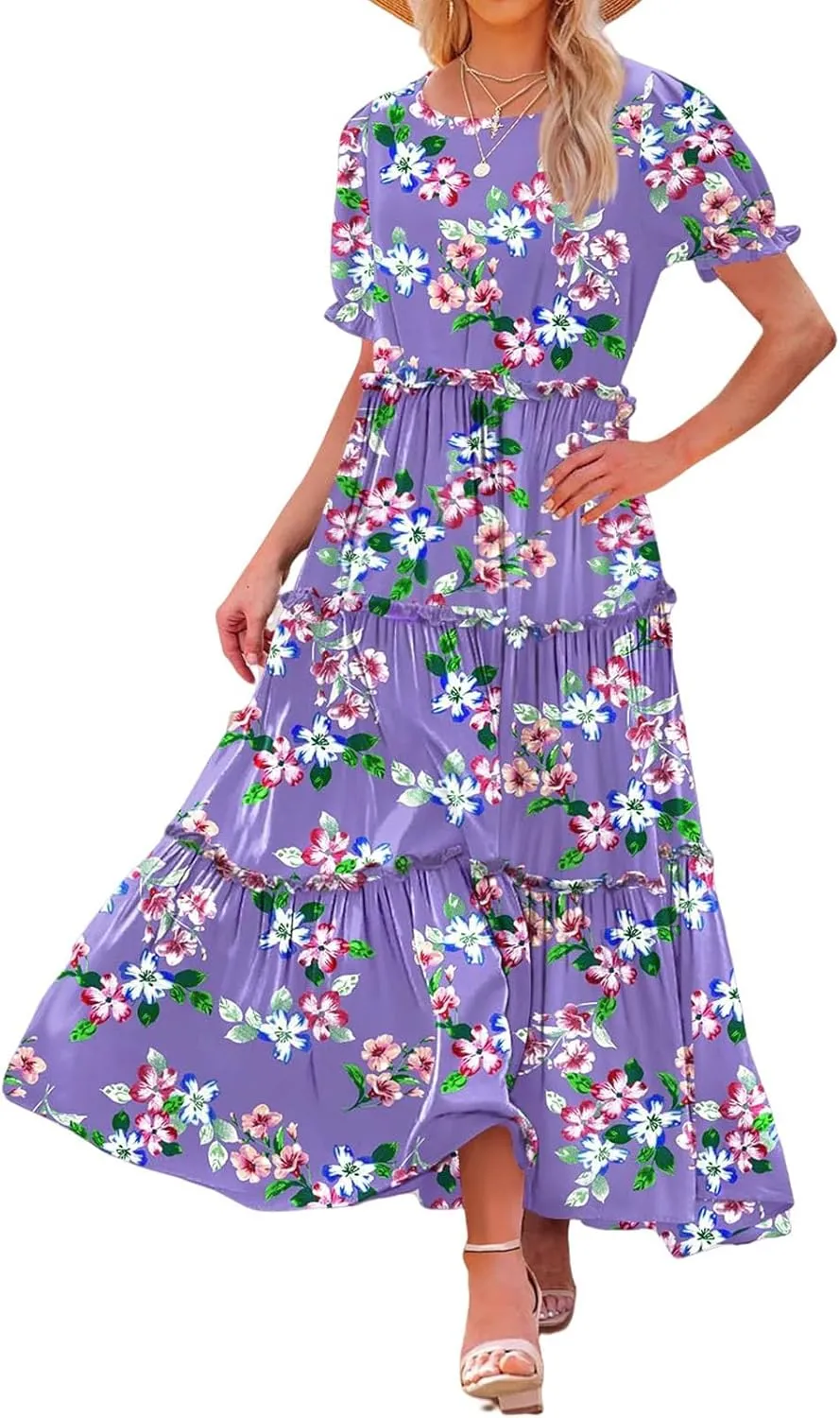 Summer Casual Dresses for Women Boho Floral Puff Sleeve Dress Loose Beach Long Sundress Tiered A-Line Flowy Dress