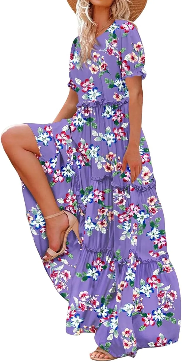 Summer Casual Dresses for Women Boho Floral Puff Sleeve Dress Loose Beach Long Sundress Tiered A-Line Flowy Dress