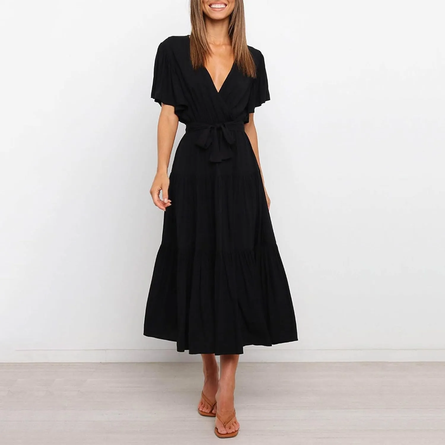 Summer Dress for Women Ruffle Short Sleeves V Neck Casual Flowy Dress with Belt Hawaiian Beach Maxi Dress 2025