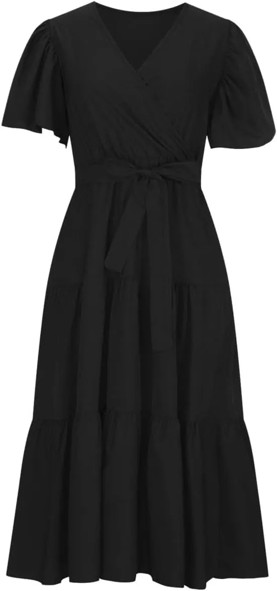 Summer Dress for Women Ruffle Short Sleeves V Neck Casual Flowy Dress with Belt Hawaiian Beach Maxi Dress 2025