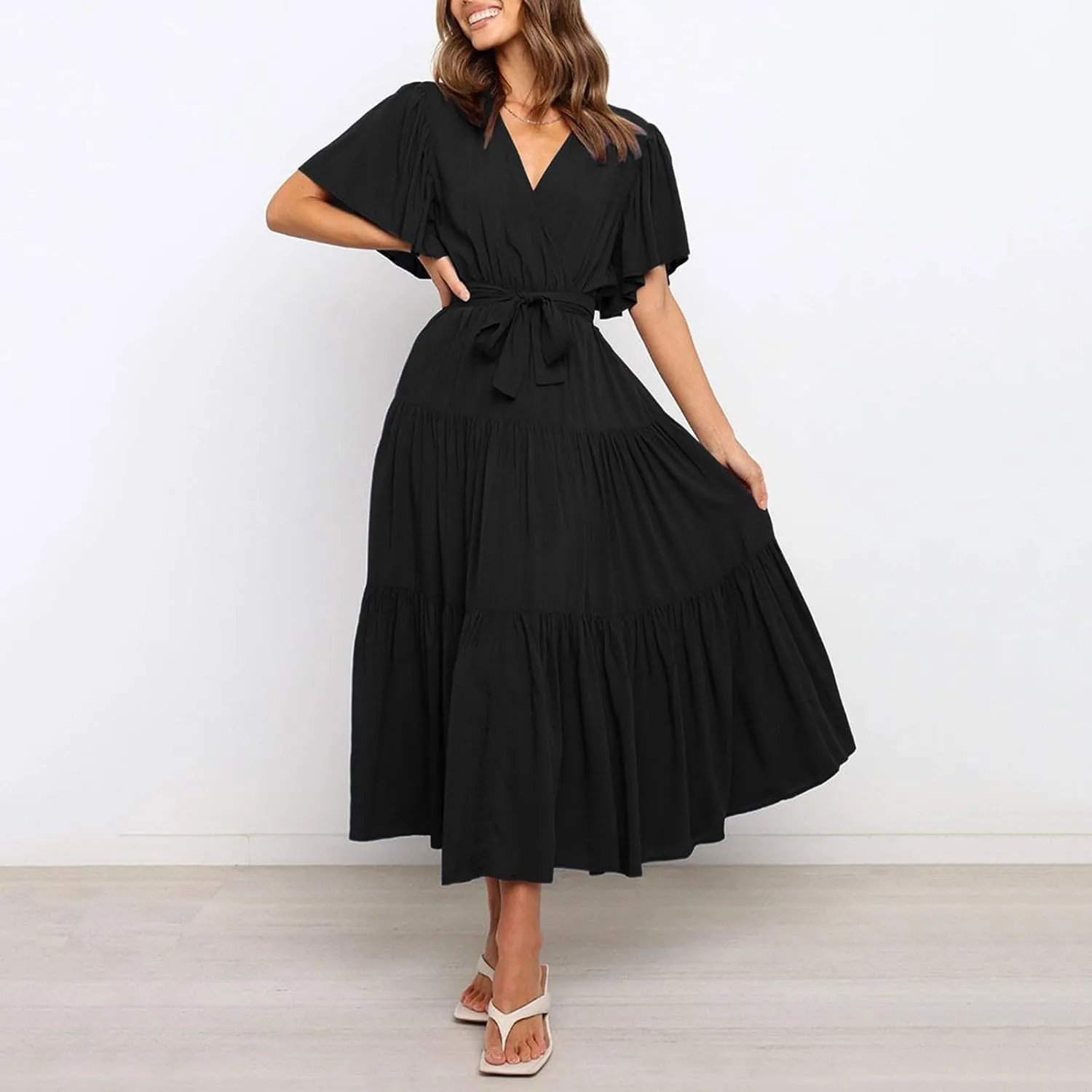 Summer Dress for Women Ruffle Short Sleeves V Neck Casual Flowy Dress with Belt Hawaiian Beach Maxi Dress 2025