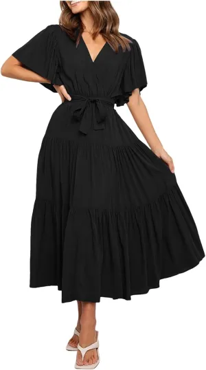 Summer Dress for Women Ruffle Short Sleeves V Neck Casual Flowy Dress with Belt Hawaiian Beach Maxi Dress 2025