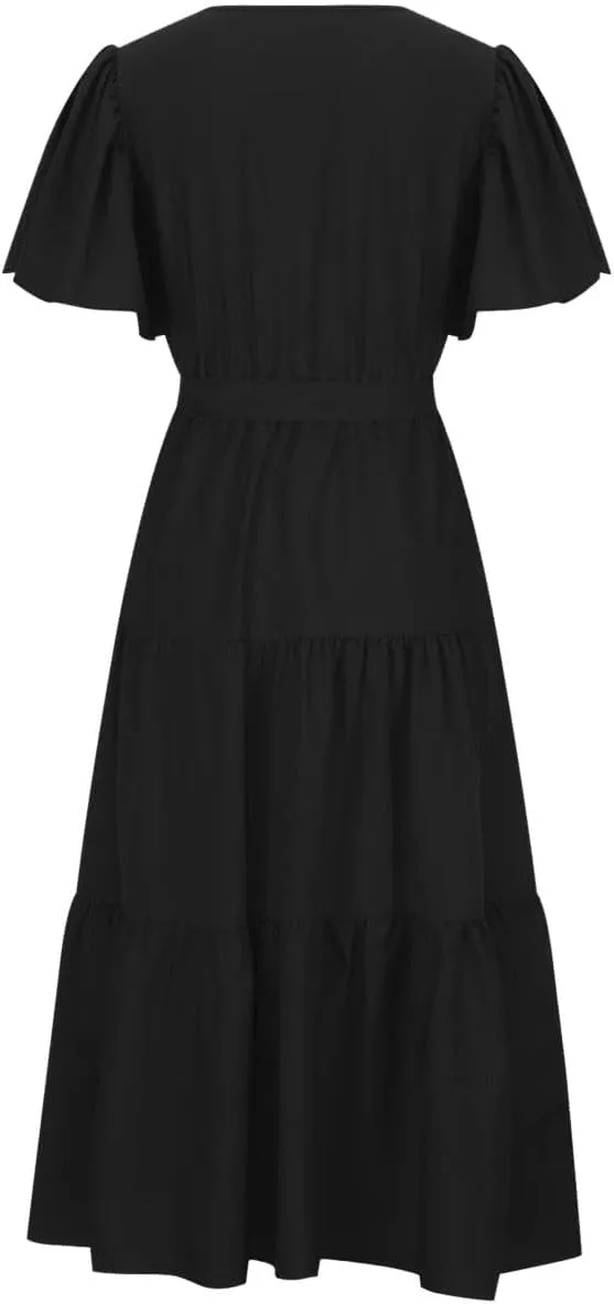 Summer Dress for Women Ruffle Short Sleeves V Neck Casual Flowy Dress with Belt Hawaiian Beach Maxi Dress 2025