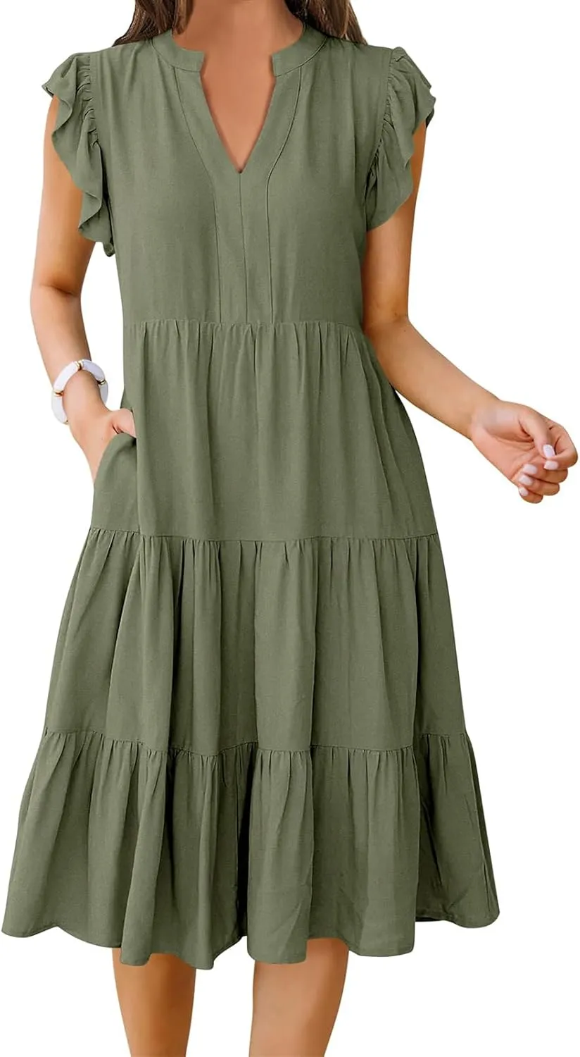 Summer Dress for Women Ruffle Sleeve V Neck Midi Dresses Trendy Casual Fit Flowy Tiered Boho Beach Vacation Sundress