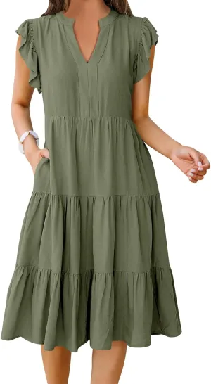 Summer Dress for Women Ruffle Sleeve V Neck Midi Dresses Trendy Casual Fit Flowy Tiered Boho Beach Vacation Sundress
