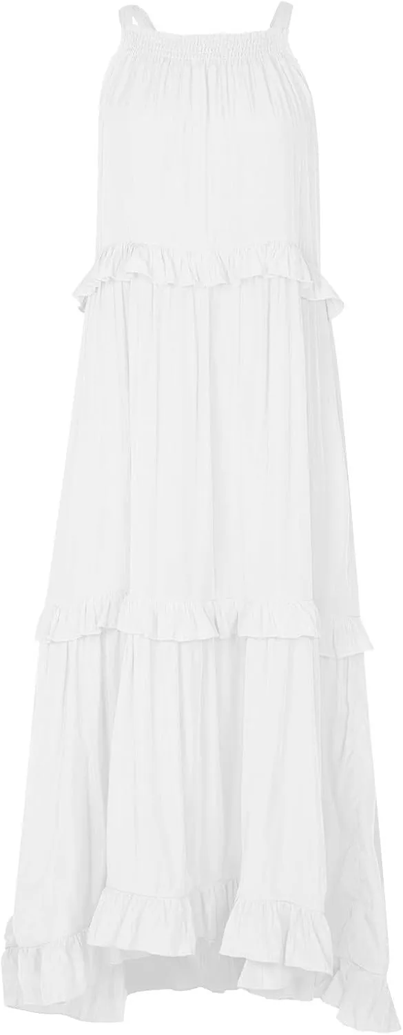 Summer Dresses for Women 2024 Halter Tie Back Ruffle Tiered Flowy Swing Dress Sleeveless Party Maxi Dress Sundress