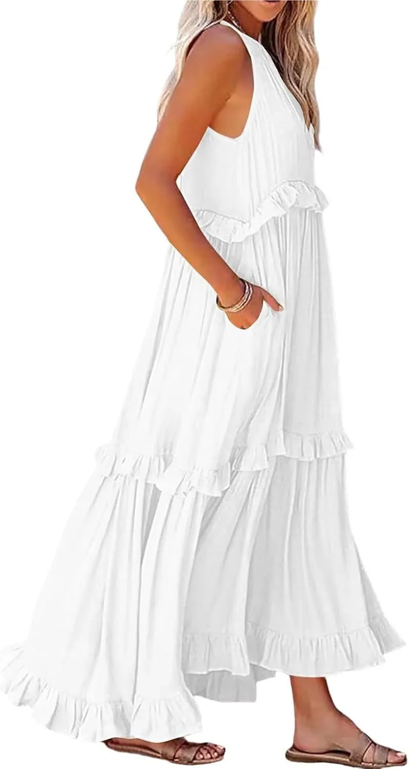 Summer Dresses for Women 2024 Halter Tie Back Ruffle Tiered Flowy Swing Dress Sleeveless Party Maxi Dress Sundress