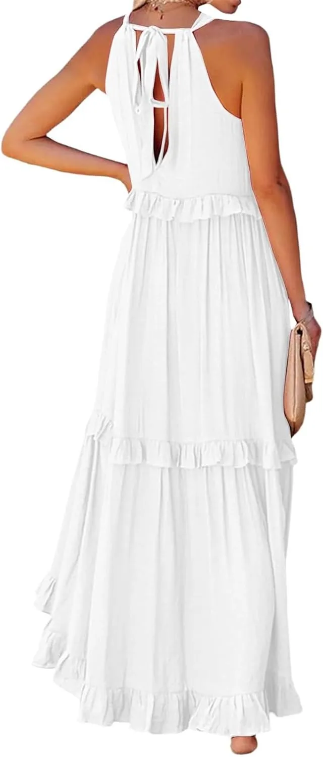 Summer Dresses for Women 2024 Halter Tie Back Ruffle Tiered Flowy Swing Dress Sleeveless Party Maxi Dress Sundress