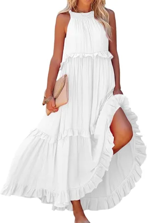 Summer Dresses for Women 2024 Halter Tie Back Ruffle Tiered Flowy Swing Dress Sleeveless Party Maxi Dress Sundress