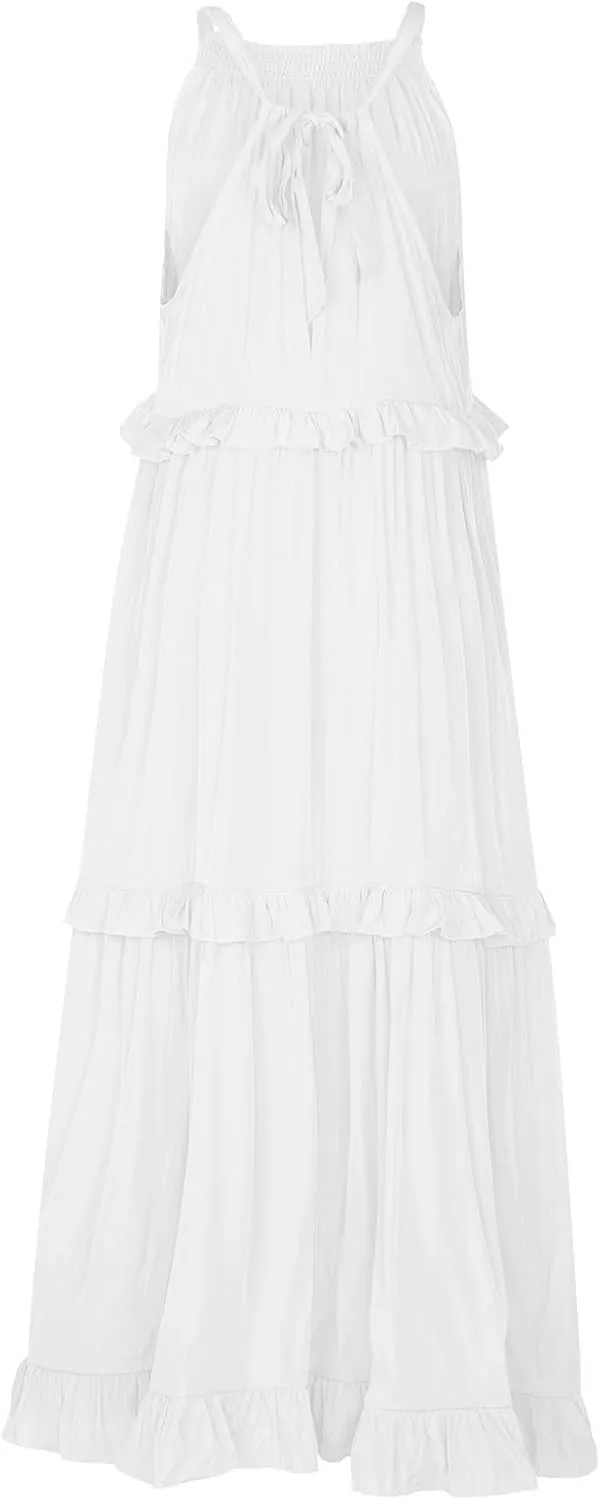 Summer Dresses for Women 2024 Halter Tie Back Ruffle Tiered Flowy Swing Dress Sleeveless Party Maxi Dress Sundress