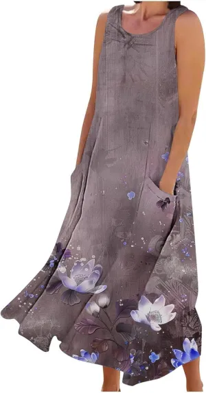 Summer Dresses for Women 2024 Sleeveless Floral Printed Midi Dress Spring Casual Dress Shift Dress Beach Dress