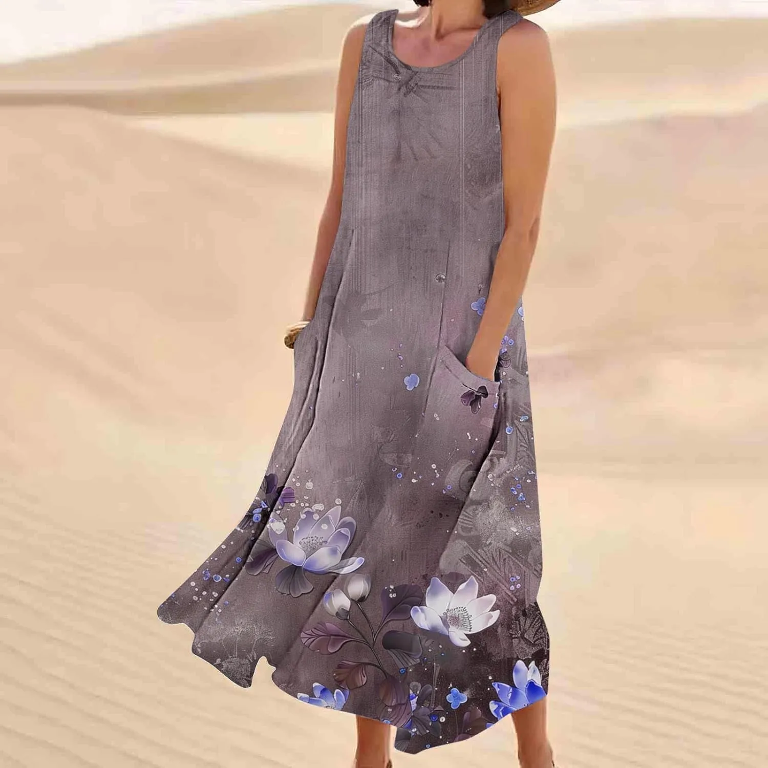 Summer Dresses for Women 2024 Sleeveless Floral Printed Midi Dress Spring Casual Dress Shift Dress Beach Dress