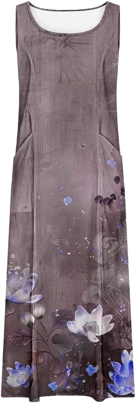 Summer Dresses for Women 2024 Sleeveless Floral Printed Midi Dress Spring Casual Dress Shift Dress Beach Dress