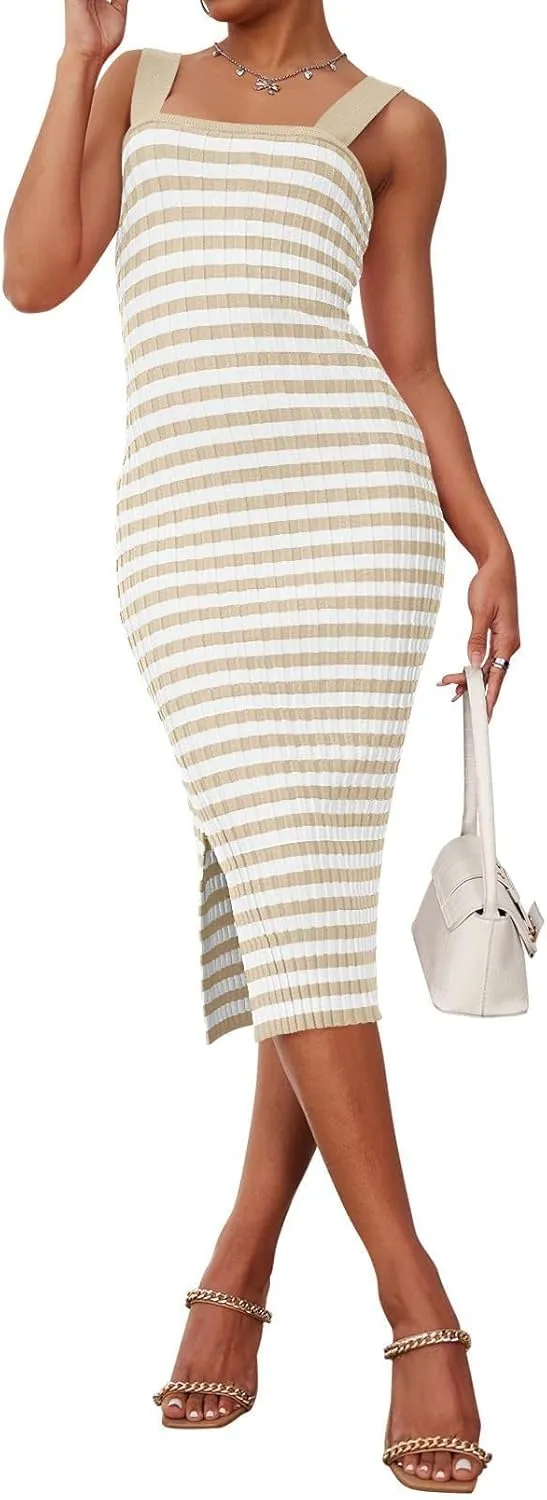 Summer Dresses for Women 2025 Bodycon Midi Dress Sleeveless Slim Fit Dresses Fashion Striped Party Club Dress