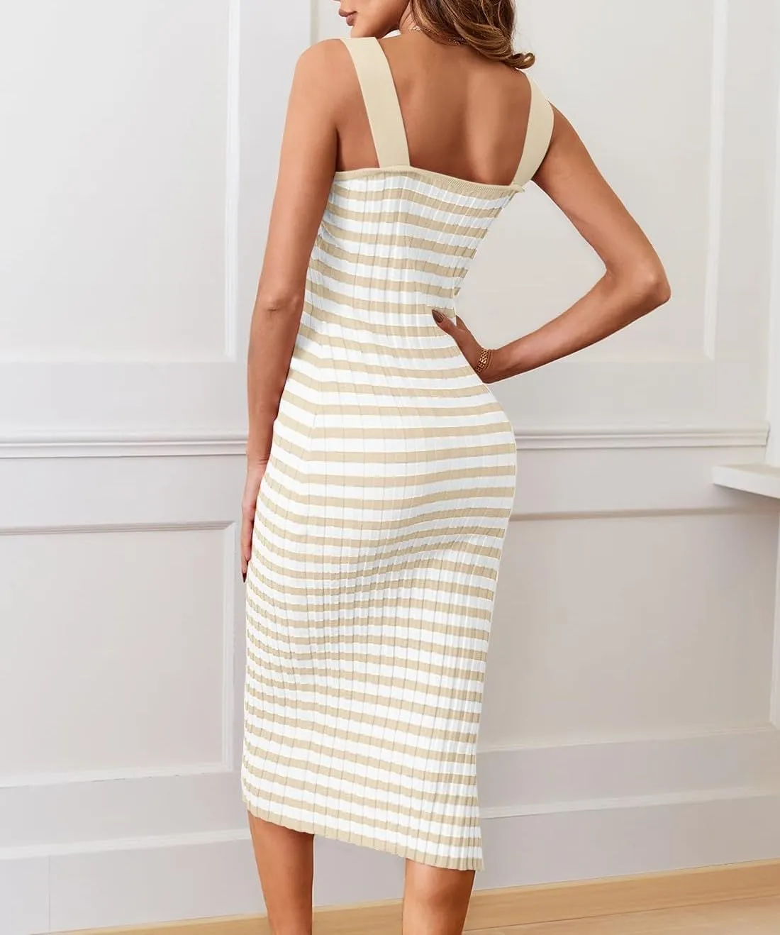 Summer Dresses for Women 2025 Bodycon Midi Dress Sleeveless Slim Fit Dresses Fashion Striped Party Club Dress