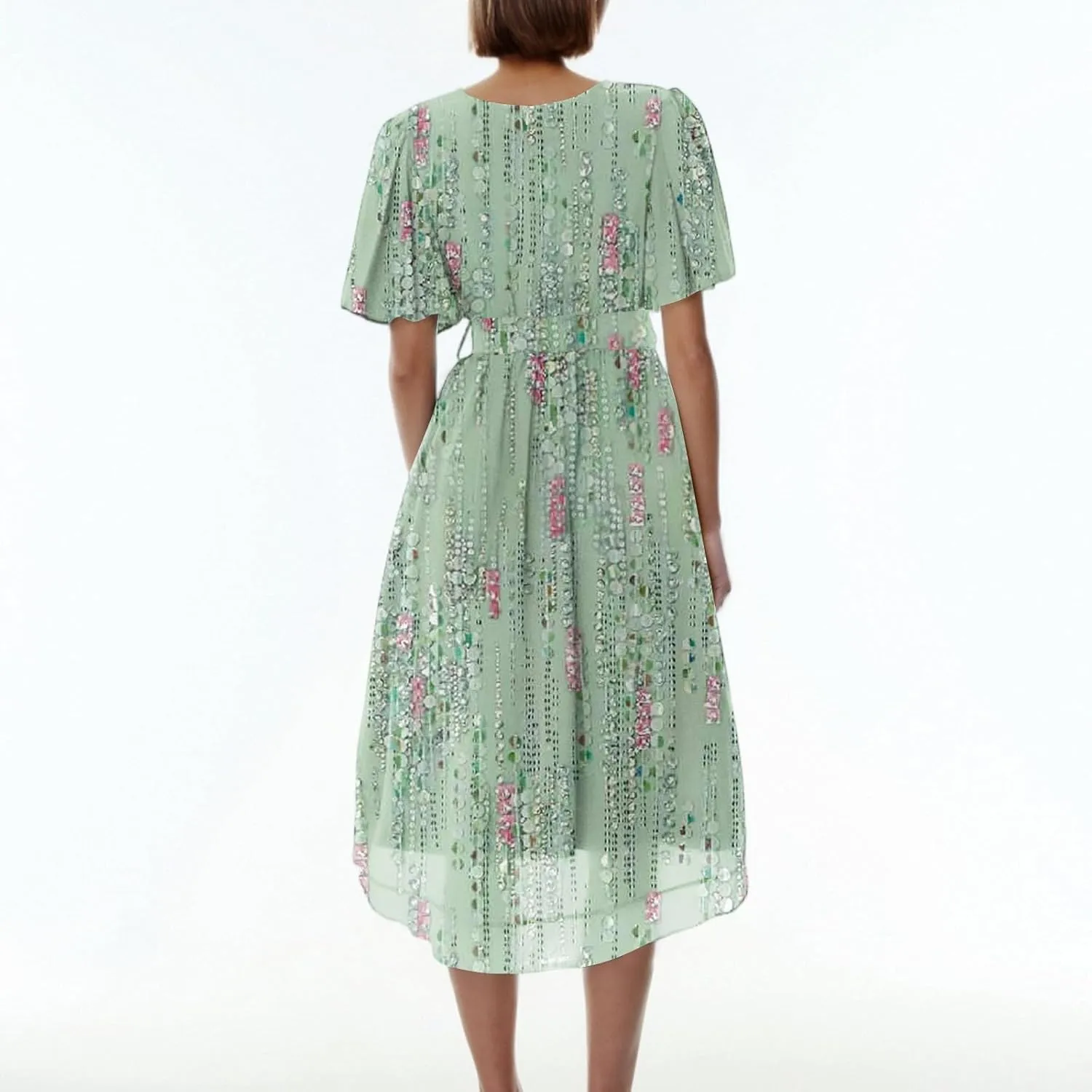Summer Dresses for Women 2025 Boho Floral Printed Chiffon Dresses V Neck Belted Wedding Guest Dress Prom Midi Dresses