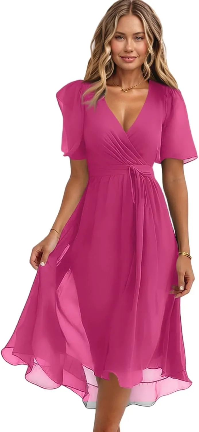 Summer Dresses for Women 2025 Boho Floral Printed Chiffon Dresses V Neck Belted Wedding Guest Dress Prom Midi Dresses