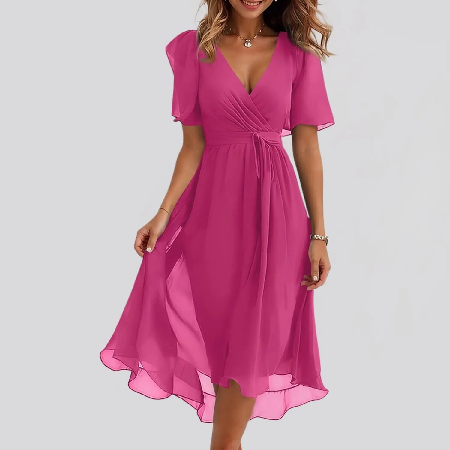 Summer Dresses for Women 2025 Boho Floral Printed Chiffon Dresses V Neck Belted Wedding Guest Dress Prom Midi Dresses