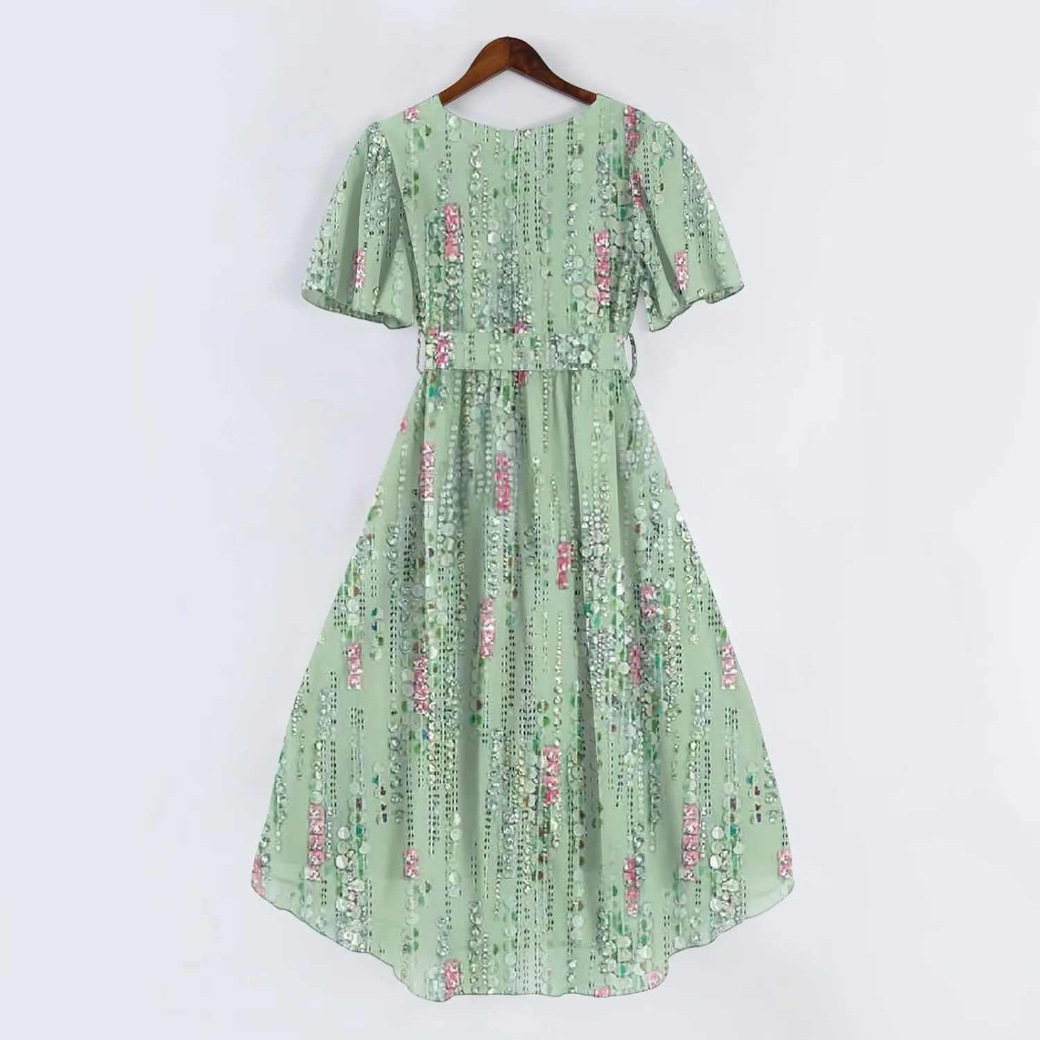 Summer Dresses for Women 2025 Boho Floral Printed Chiffon Dresses V Neck Belted Wedding Guest Dress Prom Midi Dresses