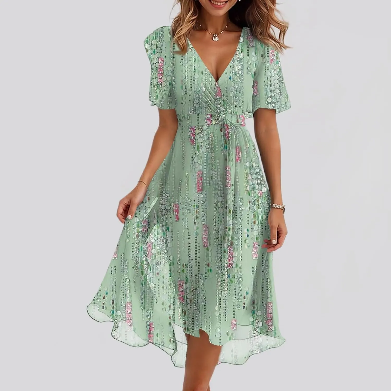 Summer Dresses for Women 2025 Boho Floral Printed Chiffon Dresses V Neck Belted Wedding Guest Dress Prom Midi Dresses