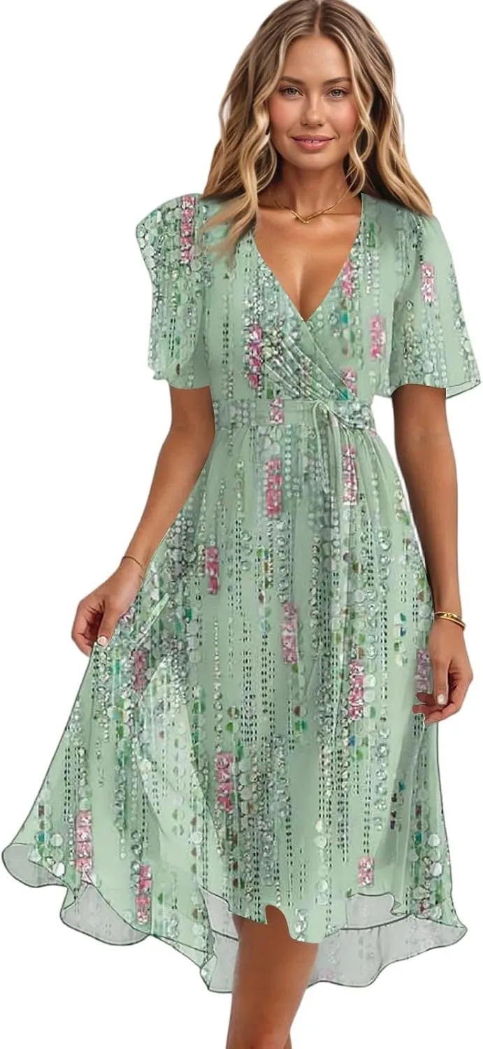 Summer Dresses for Women 2025 Boho Floral Printed Chiffon Dresses V Neck Belted Wedding Guest Dress Prom Midi Dresses