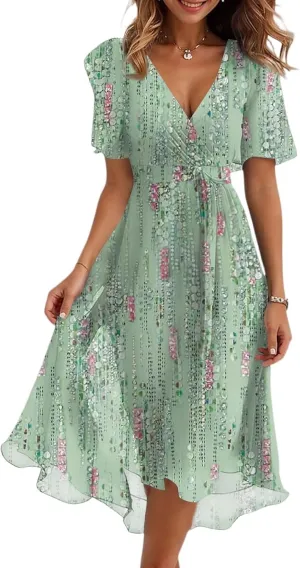 Summer Dresses for Women 2025 Boho Floral Printed Chiffon Dresses V Neck Belted Wedding Guest Dress Prom Midi Dresses