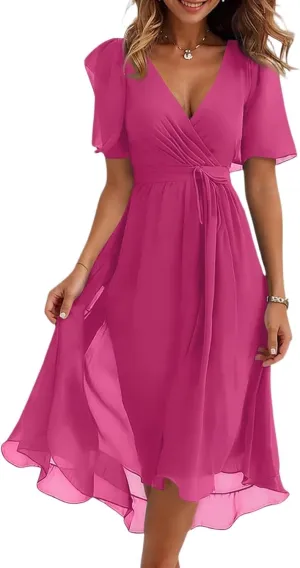 Summer Dresses for Women 2025 Boho Floral Printed Chiffon Dresses V Neck Belted Wedding Guest Dress Prom Midi Dresses