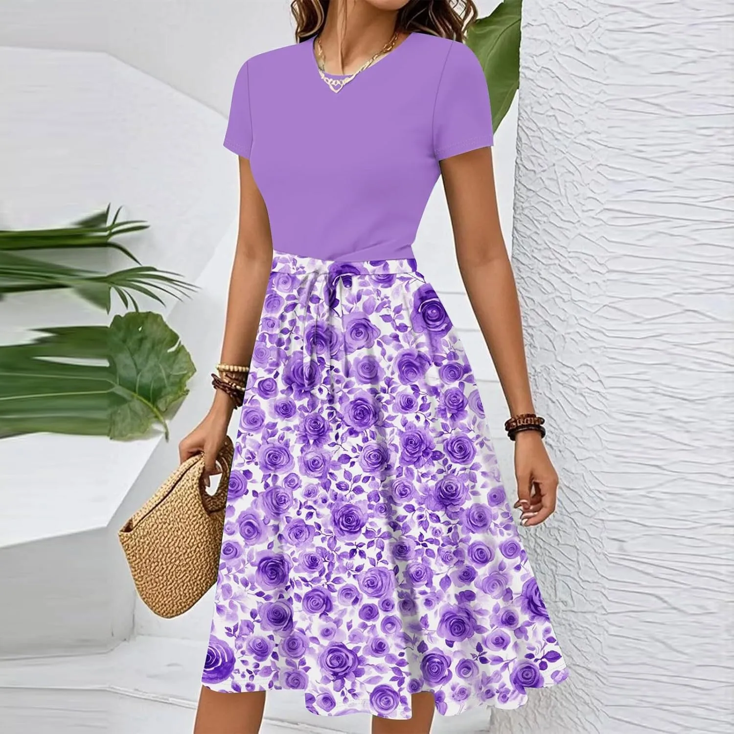 Summer Dresses for Women 2025 Elegent Boho Floral Bow Tie Waist Midi Dress Classy Ditsy Floral Country Beach Sundresses